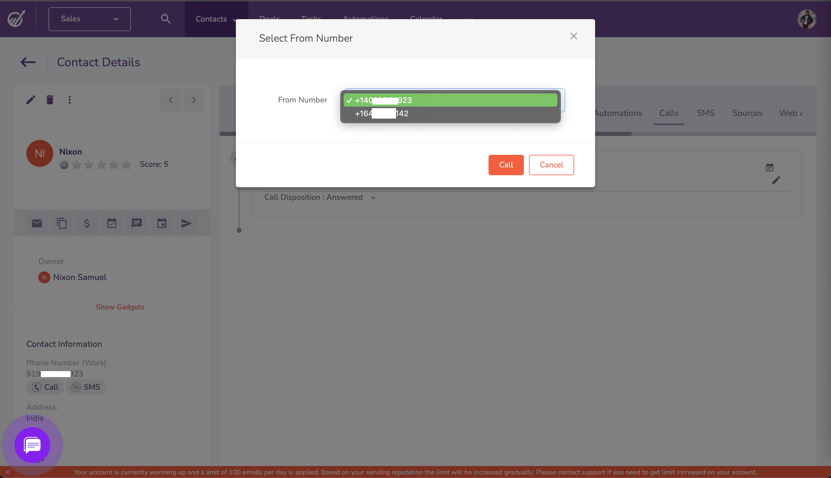 Choose your VTS number as the caller ID for the call
