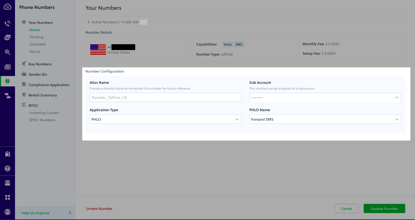 Assign PHLO to a Voice Teleservices Inc Number
