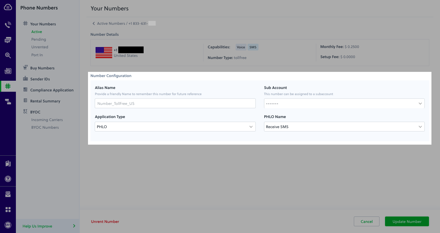 Assign PHLO to a Voice Teleservices Inc Number