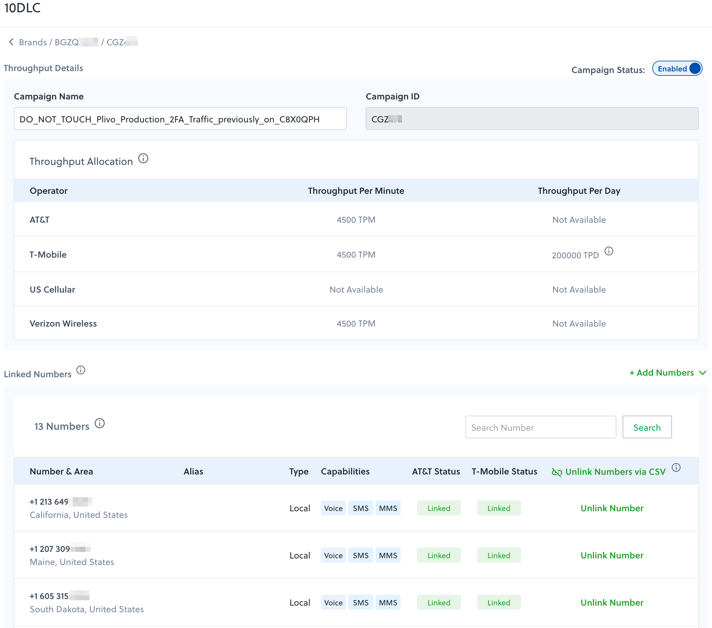 10DLC campaign details with linked numbers 10DLC campaign details with linked numbers