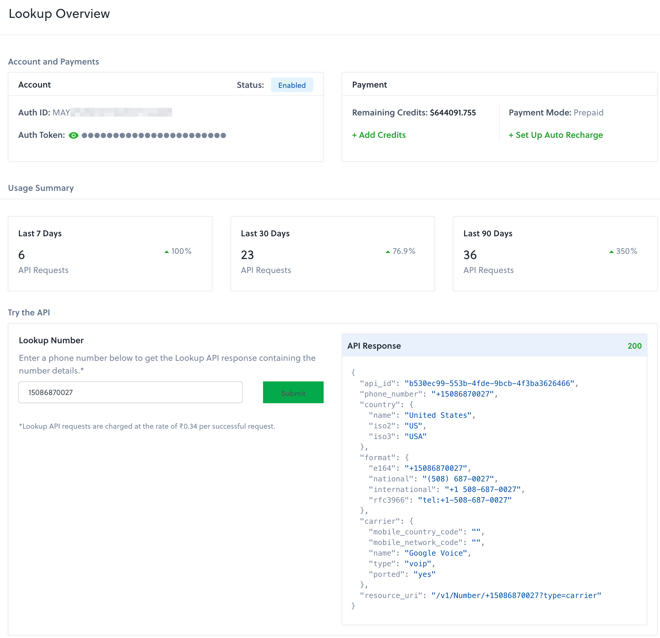 The Lookup Overview screen of the Plivo console The Lookup Overview screen of the Plivo console